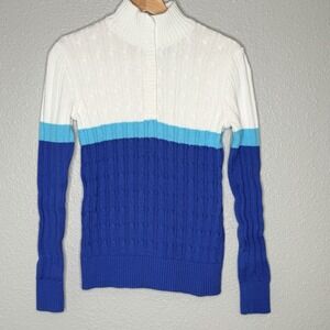 Liz & Co Cable Knit Color Block Sweater Mock Neck Snap Buttons M 100% Cotton